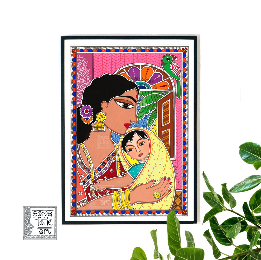 Madhubani Print, Mother and Child Painting, Indian Wall Decor - Etsy