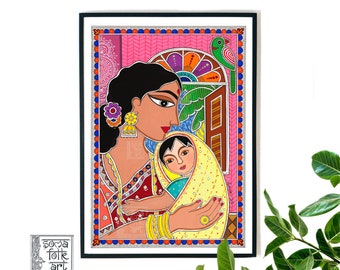 Druck Mutter und Kind, Madhubani Gemälde, Indian Desi Brown Girl, Neue Mutter Geschenkideen, Warli Art, Wanddekor
