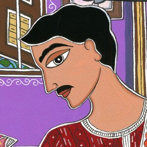 May include: A painting of a man with black hair and a brown mustache wearing a red and white patterned shirt. The man is looking down and to the left. The background is a purple wall with a brown window and a white frame.