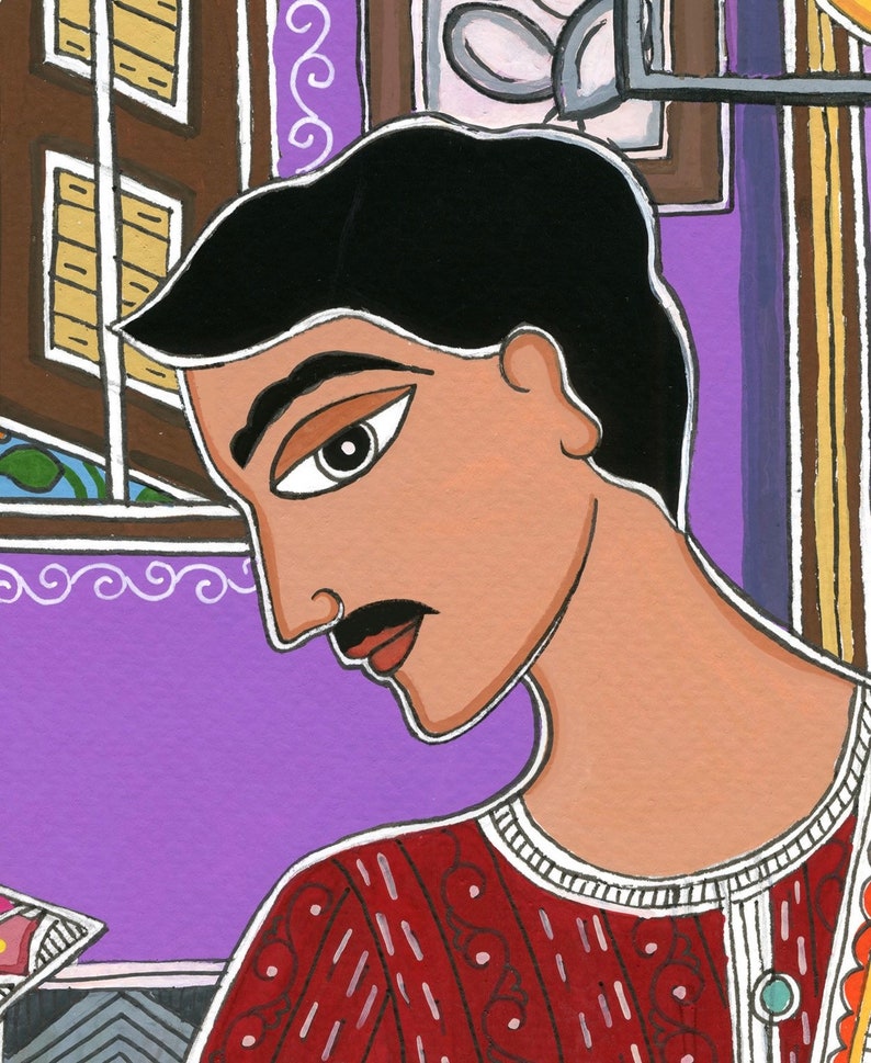 May include: A painting of a man with black hair and a brown mustache wearing a red and white patterned shirt. The man is looking down and to the left. The background is a purple wall with a brown window and a white frame.