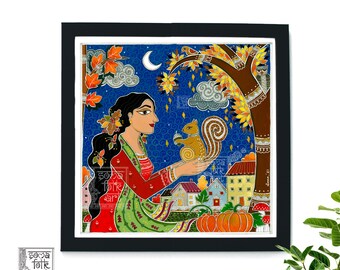 May include: A framed painting depicting a woman in a red and green dress, holding a squirrel in her hand. The background is a blue sky with a crescent moon, a tree with yellow leaves, and a small village. The painting is in a black frame.