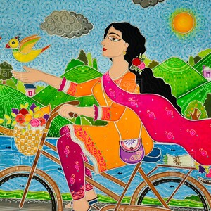 Buy Print Madhubani Bicycle Girl, Lady on a Bicycle, Gift for Desi ...
