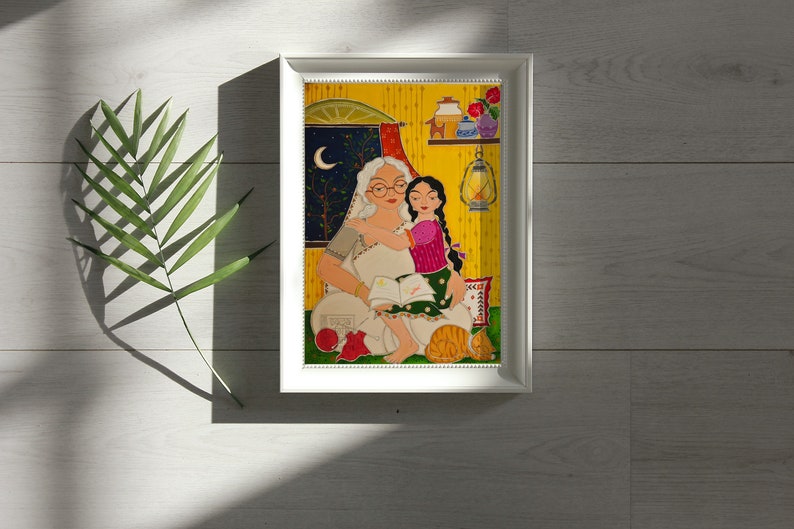 Madhubani Art Print, Grandmother and Granddaughter, Indian Home Decor image 5