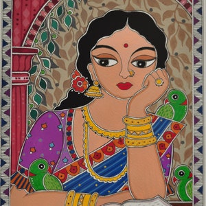 Buy Print Madhubani Lady Lost in Her Thoughts Painting Desi Brown Girl ...