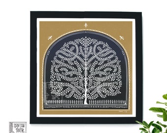 May include: A framed print of a traditional Indian folk art painting depicting a stylized tree with white branches and leaves on a dark blue background. The tree is framed by a gold arch and the background is a light gold color.