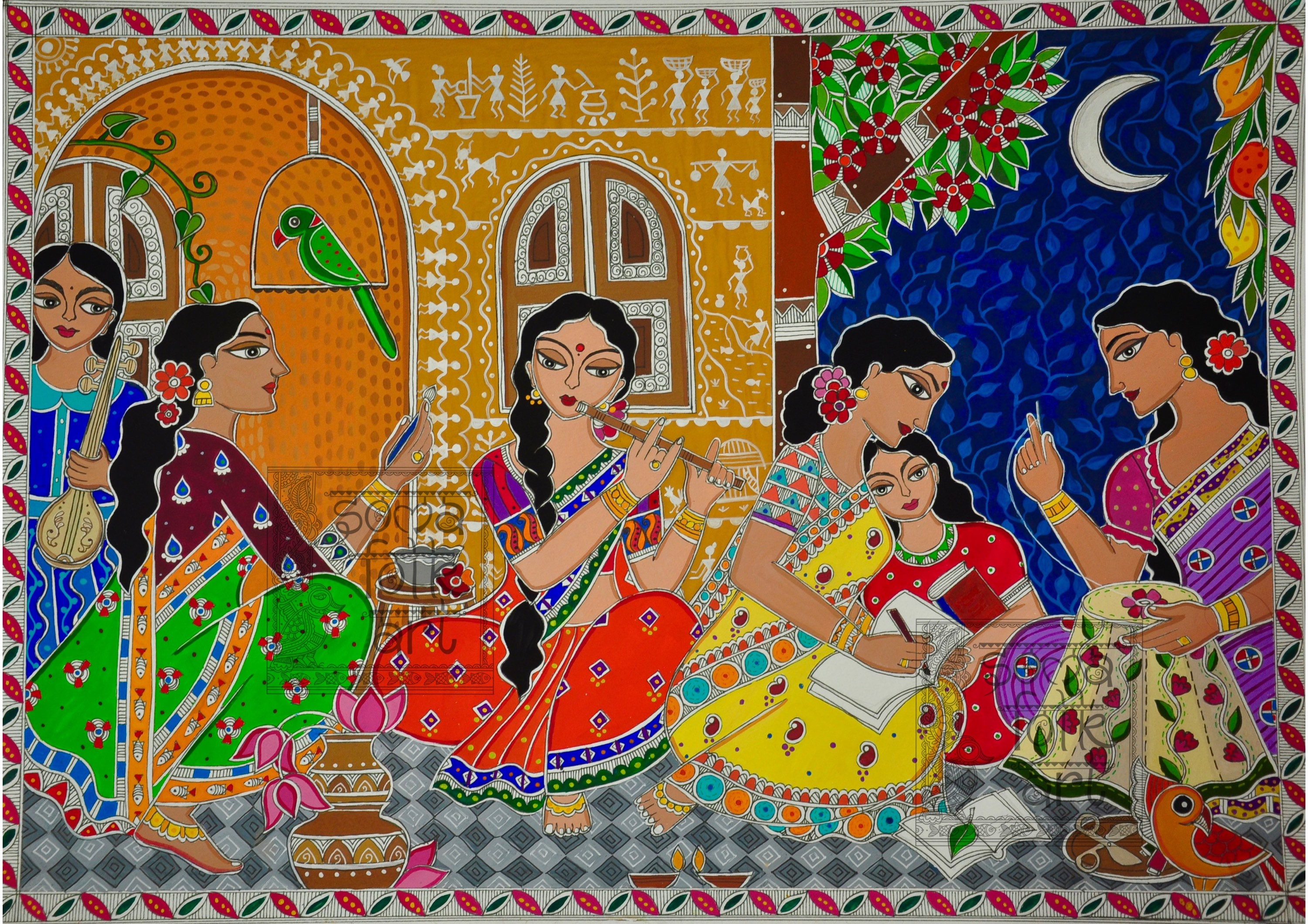 Madhubani Art Print, Indian Folk Art, Female Friendship Wall Decor - Etsy