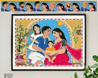 Print Madhubani Family of four Mother Father Son and Daughter Indian Wall Art, Desi Wall Decor, Bengali Art