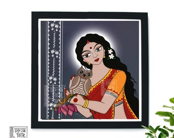 Druck Lakshmi / Lokkhi Thakur Bengali Indian Hindu Wall Art Alpana Bengali Folk Art