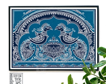 Print Alpana Peacocks Fish Indian Wall Art Desi Bengali home decor