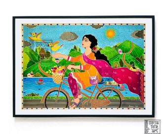 Poster Madhubani Fahrrad Mädchen, Dame auf dem Fahrrad, Geschenk für Desi Frau, braune Mädchen, indianische Folklore Kunst