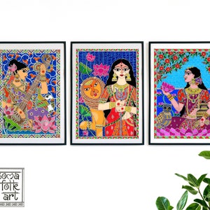 Madhubani Goddesses ( Durga , Laxmi / Lakshmi , Saraswati)  Set of 3 Hindu Hinduism Indian Desi wall art, divine feminine