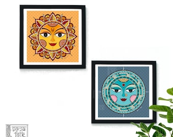 Print Madhubani Sun and Moon Indian Folk art Wall art , Set of 2 designs, Hindu Gods and Goddesses, Hinduism Art, Solar System Art,