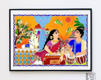 Print Madhubani painting, Tabla and Harmonium, Indian Musical Instruments, Gift for Indian Musician, Desi Brown Family, Folk Wall Art