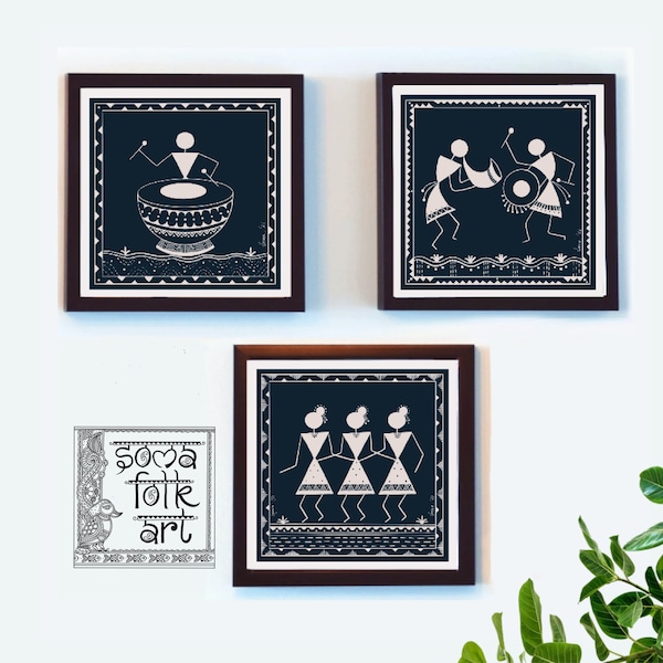 Print Warli celebration, Indian Musical instruments, Indian Folk art Wall art (Set of 3 designs), Indian Housewarming Gift