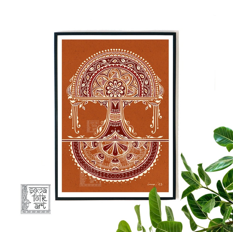 May include: A framed print of a traditional Indian folk art design. The artwork features a stylized tree with intricate details in white and red on a burnt orange background. The artist's signature and the year '23' are visible in the bottom right corner.