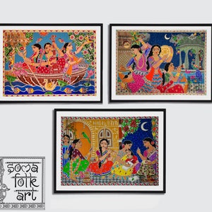 May include: Three framed paintings depicting scenes from Indian folk art. The first painting shows three women in a boat on a river, the second shows three women dancing in a courtyard, and the third shows a group of women gathered in a room.