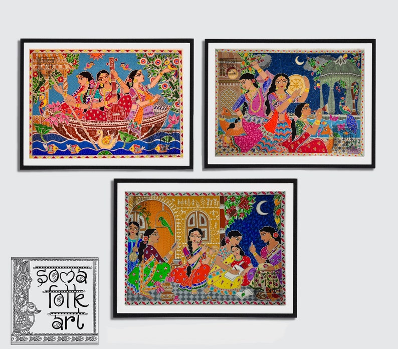 May include: Three framed paintings depicting scenes from Indian folk art. The first painting shows three women in a boat on a river, the second shows three women dancing in a courtyard, and the third shows a group of women gathered in a room.