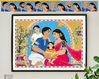 Print Madhubani Family of four Mother Father Daughter and son Indian Wall Art, Desi Wall Decor, Bengali Art