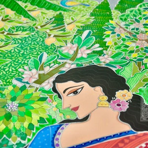 May include: A colorful painting of a woman with long black hair, wearing a blue and red sari, surrounded by green foliage and flowers. The painting is done in a folk art style.