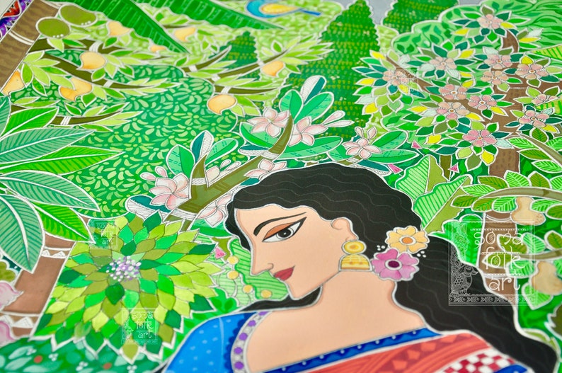 May include: A colorful painting of a woman with long black hair, wearing a blue and red sari, surrounded by green foliage and flowers. The painting is done in a folk art style.