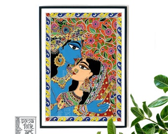 Print Madhubani painting Radha Krishna Hindu Art Indian Wall decor