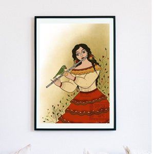 Print Lady with flute, Indian folk art Wall decor, Mexican Art, Spanish Music Art , Gift for Musicians