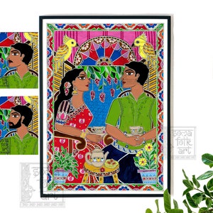 Print Madhubani Painting, Desi Brown Couple, Chai Lovers, Indian Art Print Wall Decor, Gift for Valentine’s Day