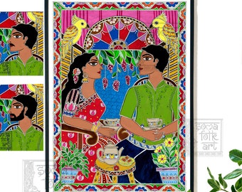 Print Madhubani Painting, Desi Brown Couple, Chai Lovers, Indian Art Print Wall Decor, Gift for Valentine’s Day