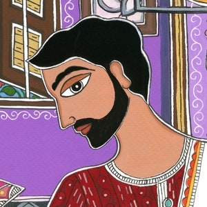 May include: A man with a black beard and a red and white patterned shirt is looking down. He is wearing a white garment with a gold trim. The background is purple with brown and yellow accents.