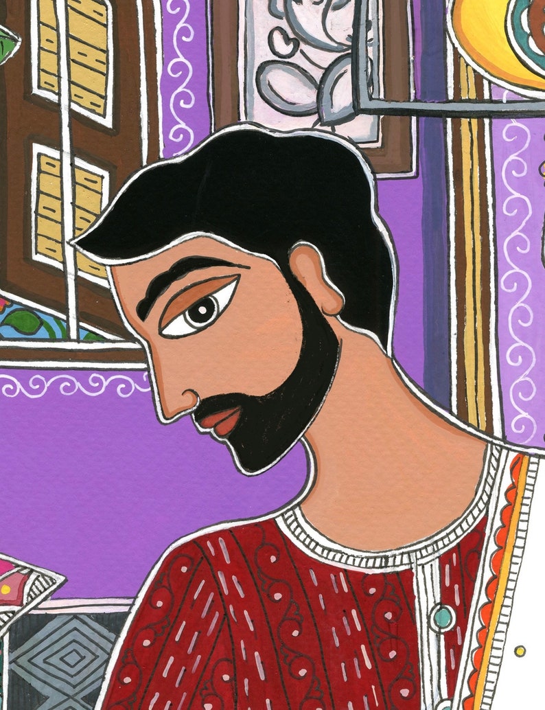 May include: A man with a black beard and a red and white patterned shirt is looking down. He is wearing a white garment with a gold trim. The background is purple with brown and yellow accents.