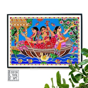 Print Madhubani painting, Three Friends in a Boat, Indian Folk Wall Art, Desi Brown Girl, Home decor, gift for Indian Women