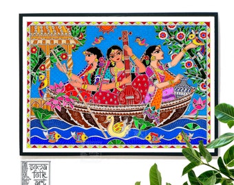 Print Madhubani painting, Three Friends in a Boat, Indian Folk Wall Art, Desi Brown Girl, Home decor, gift for Indian Women