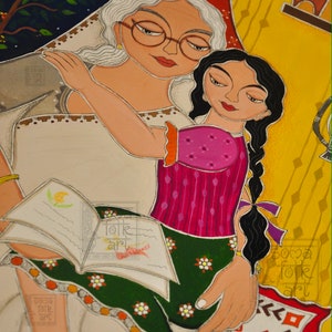 Madhubani Art Print, Grandmother and Granddaughter, Indian Home Decor image 4