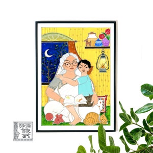 Print Madhubani, Grandmother and Grandson, Gift for Grandma, Dadi Nani Family,  Indian Wall Art Home Decor