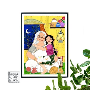 Madhubani Art Print, Grandmother and Granddaughter, Indian Home Decor image 1