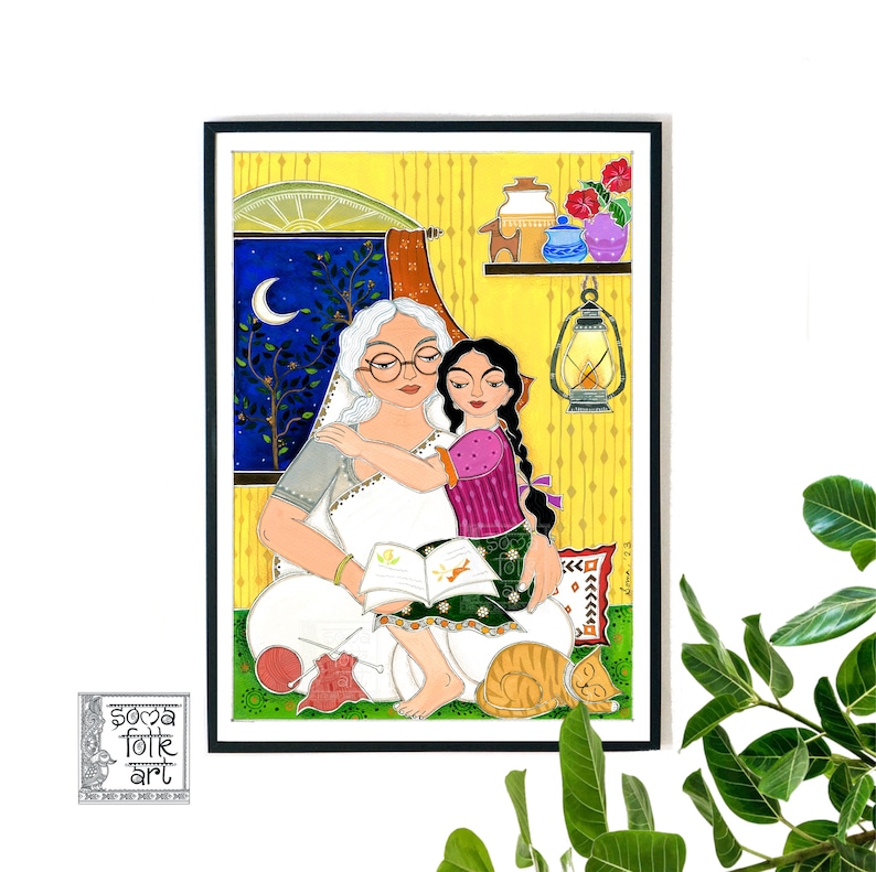 Madhubani Art Print, Grandmother and Granddaughter, Indian Home Decor image 1
