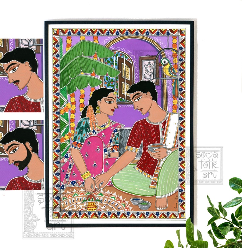 May include: A colorful folk art painting depicting a couple in traditional Indian clothing. The woman is wearing a pink and green sari, while the man is wearing a red and green dhoti. They are sitting on a patterned floor, surrounded by flowers and greenery. The painting is framed in black.
