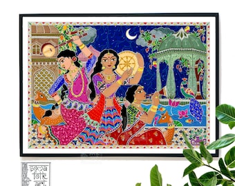 Print Madhubani Princesses Rajasthan Indian Folk Wall Art Desi Woman, Female Friends