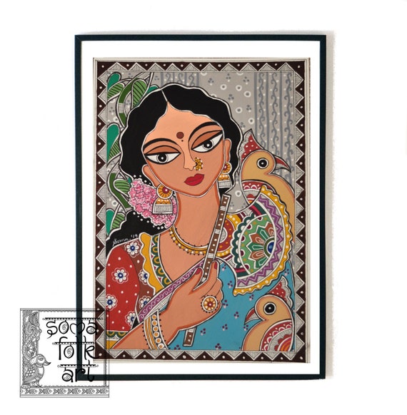 Buy Print Madhubani Lady With Cockatoos Painting Indian Wall Decor ...