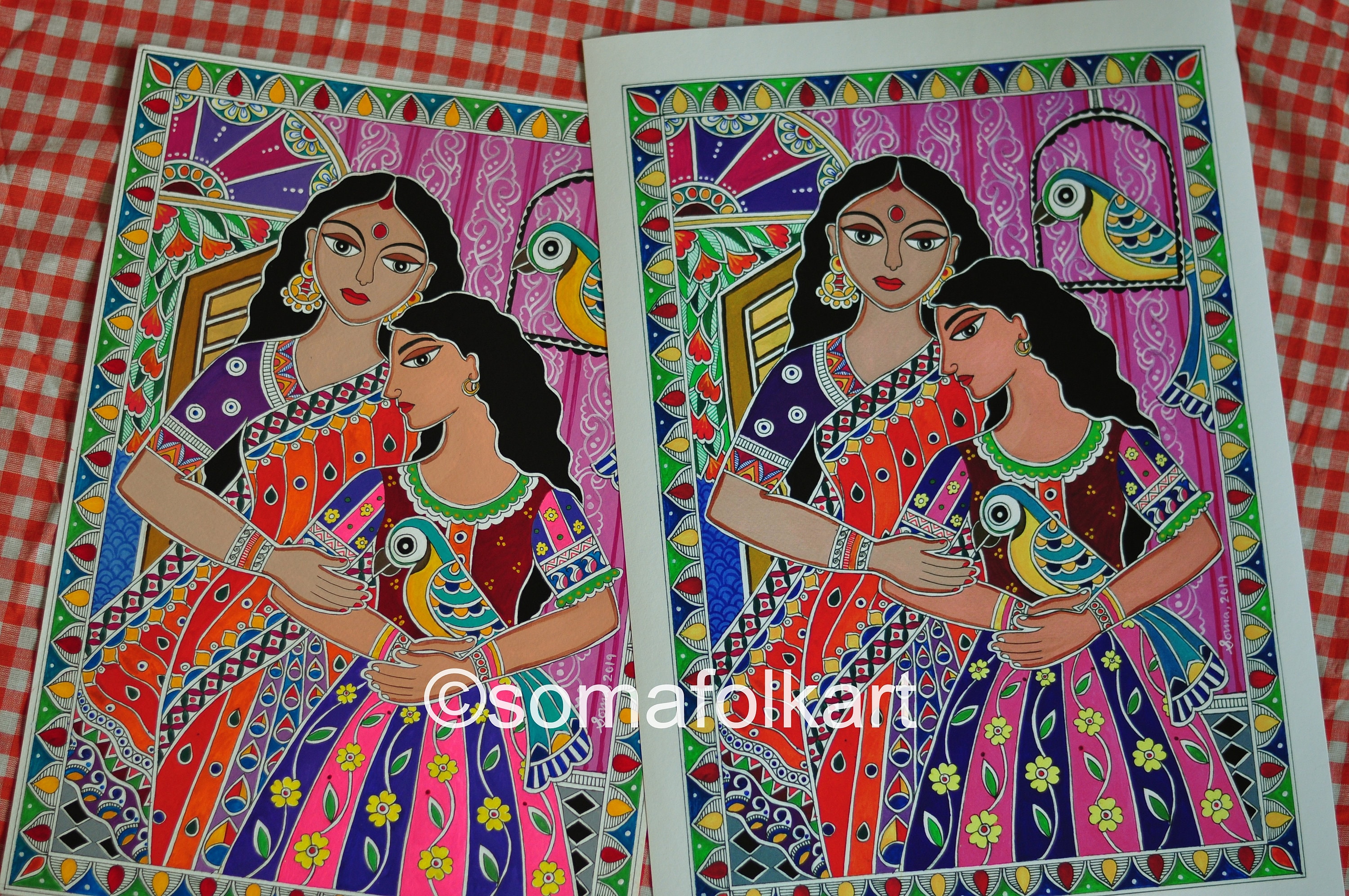 Print Madhubani Indian Folk Wall Art Mother Daughter Macaws Desi Brown ...