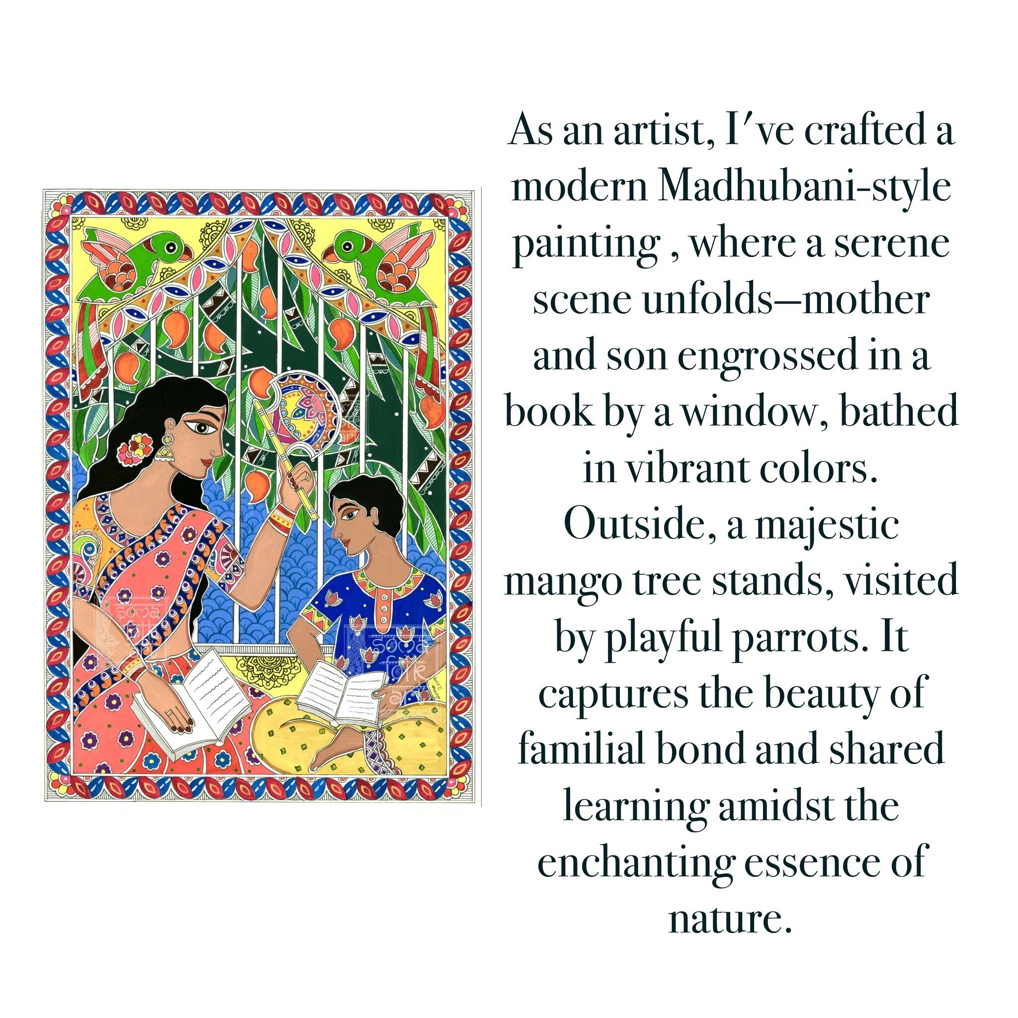 Madhubani Art Print: Mother & Son With Parrots, Indian Wall Decor - Etsy