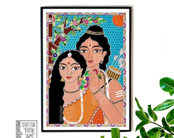 May include: A colorful illustration of a couple in a romantic setting. The woman has long black hair and is wearing a yellow and orange sari. The man has short black hair and is wearing a white dhoti with a red and yellow sash. They are standing in front of a blue background with a tree and flowers. The artwork is framed in black.