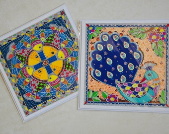 Madhubani Greeting Cards, Indian folk art, Peacock, Fish (set of 2)