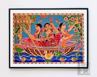 Print Madhubani Three Friends in a Boat Indian Folk Wall Art