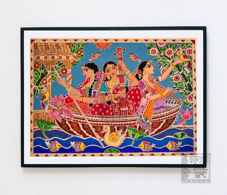 Print Madhubani Three Friends in a Boat Indian Folk Wall Art image 0