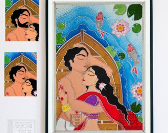 Madhubani Couple Print, Indian Folk Art, Water Lilies, Desi Decor