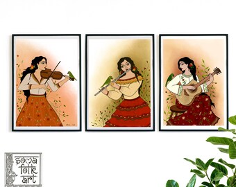 Print Musical Instruments (Violin, Guitar, Flute ) Indian Mexican Art Wall decor