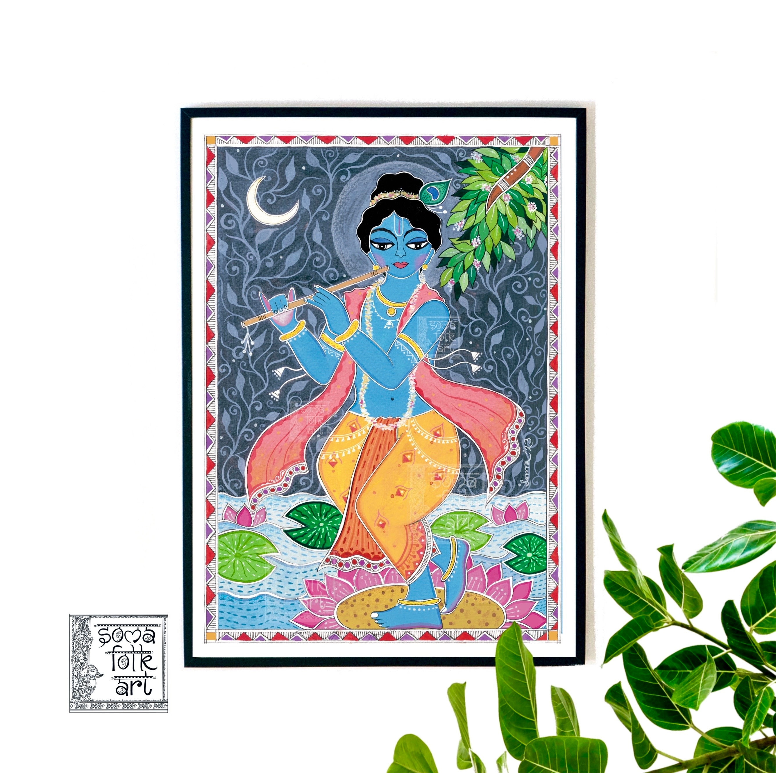 Krishna with Flute, Madhubani Folk Art, Hindu Home Decor, Indian folk wall art, Gift for Janmashtami