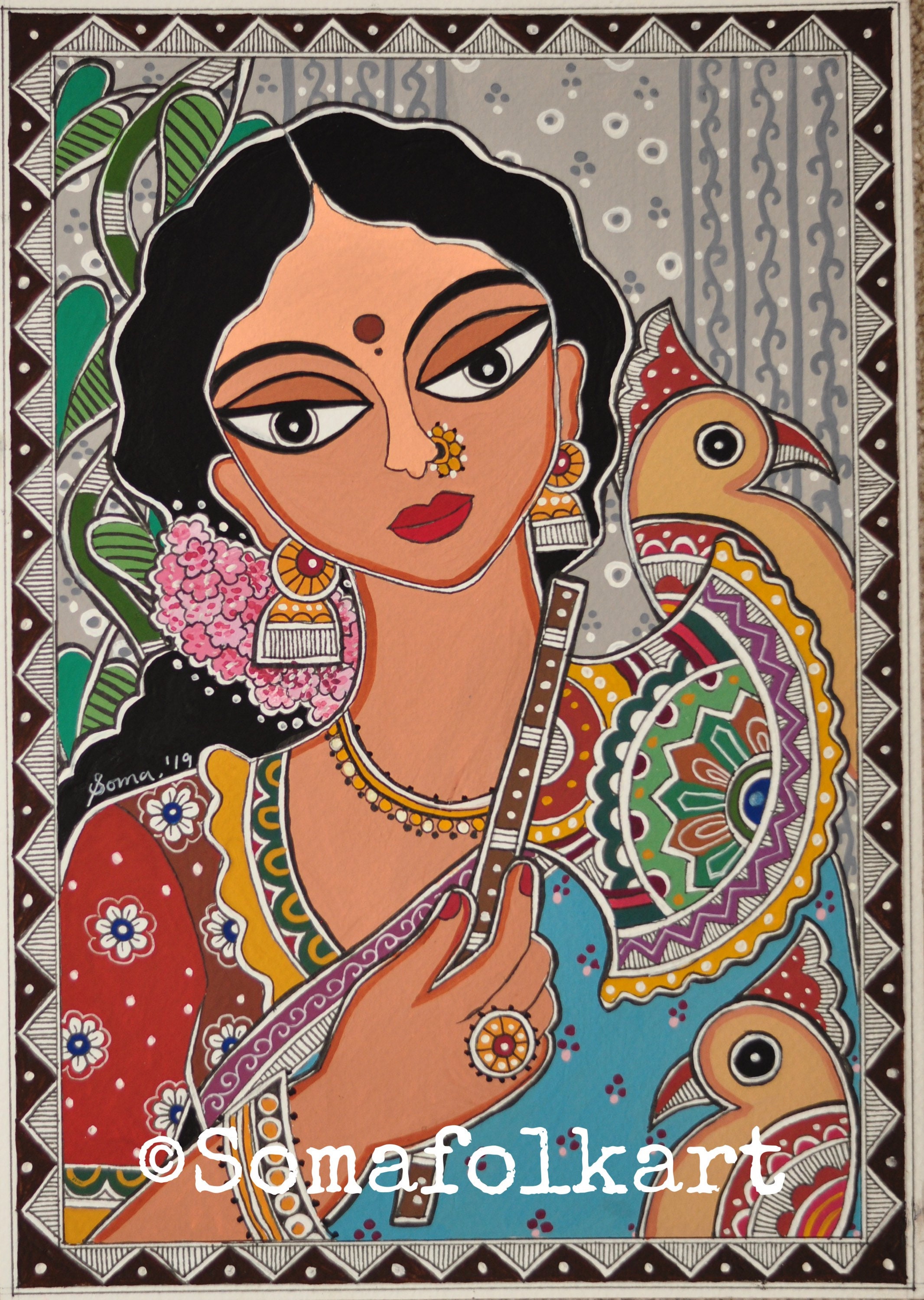 Print Madhubani Lady with Cockatoos painting Indian Wall decor | Etsy