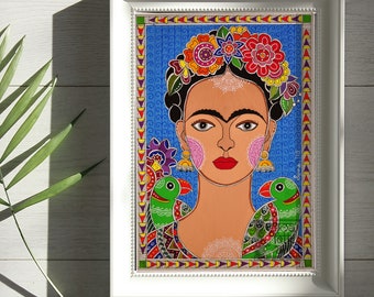 Print Frida Kahlo Madhubani painting Indian Indian Wall decor